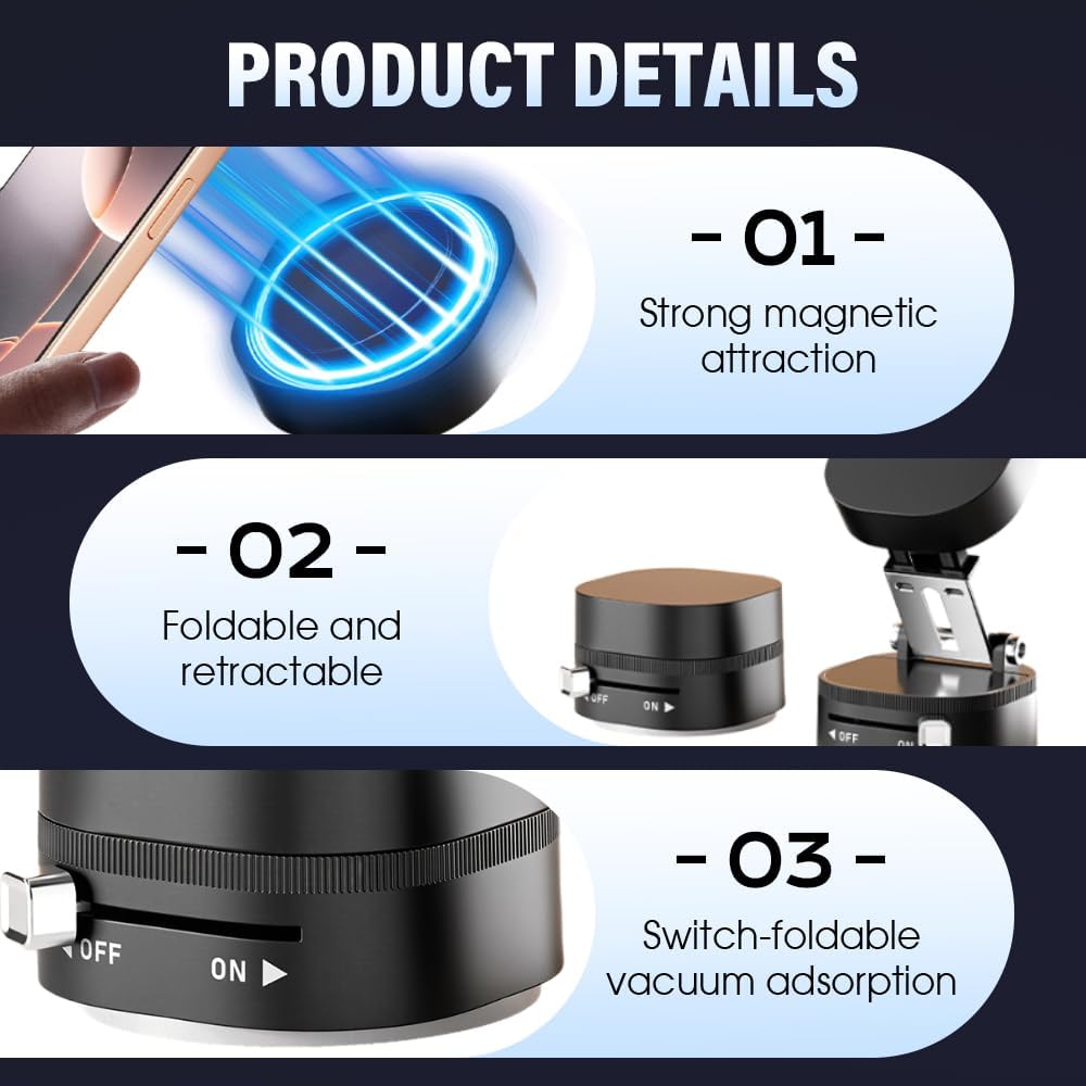 360° Adjustable Vacuum Magnetic Phone Holder, Foldable Magnetic Car Phone Holder for Your Car, Hands-Free Suction Cup Phone Mount for Car/Gym/Mirror/Smooth Surface for iPhone & Android (White)