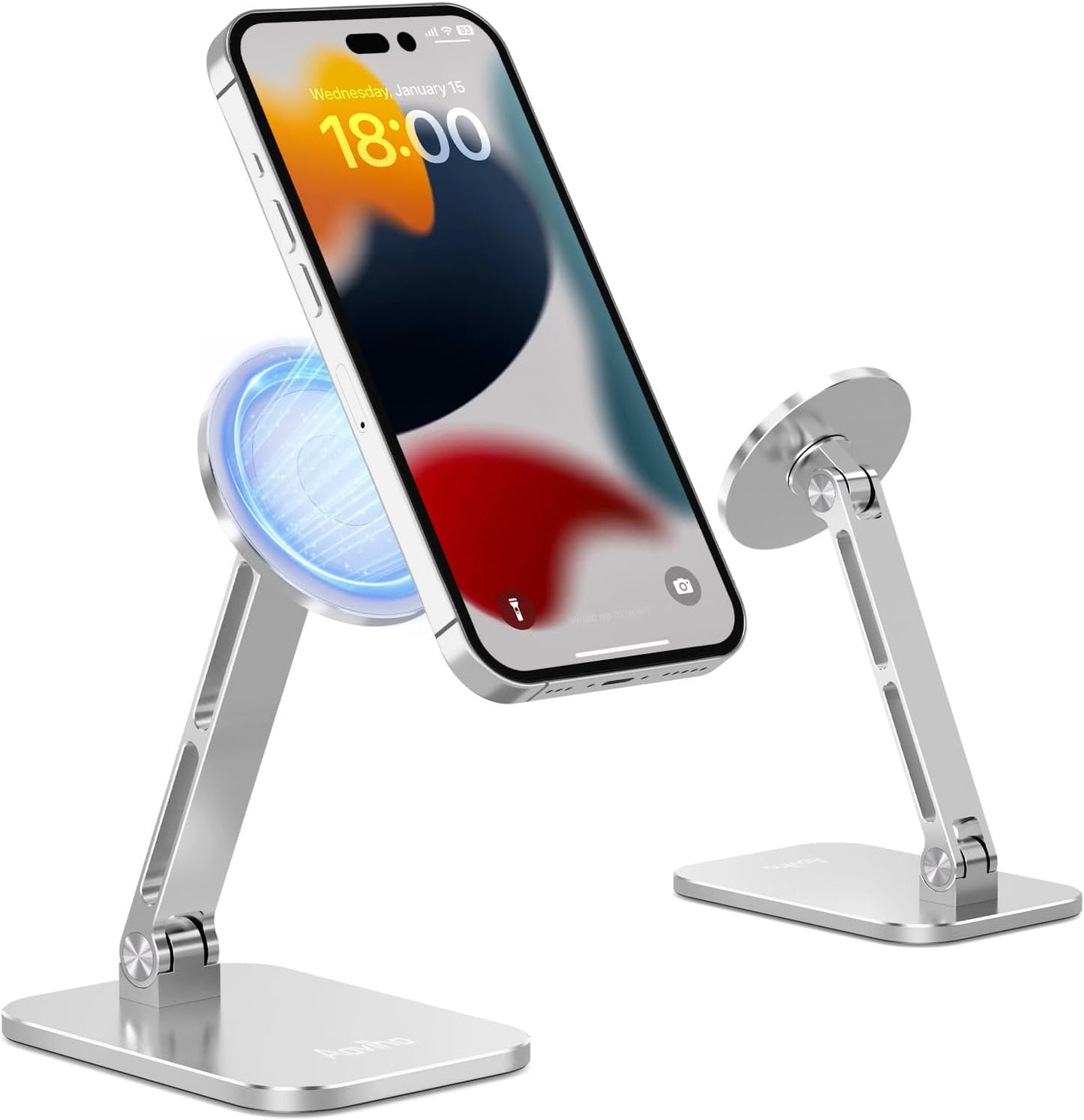 Magnetic Phone Stand for MagSafe Adjustable - Aluminum Portable Phone Holder for Desk with 360° Rotating Head Compatible with iPhone 16/15/14/13/12 Pro Max and Magnetic Phone Case, Silver