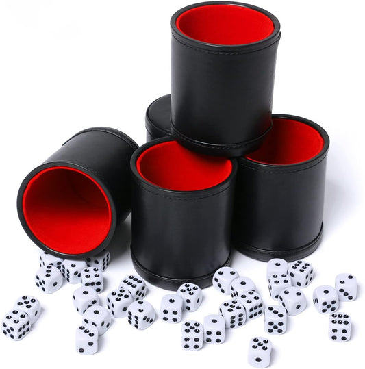 Leatherette Dice Cup Set Red Felt Lined Shaker with 6 Dot Dices for Yahtzee Farkle Bar Party Dice Games-5 Pack