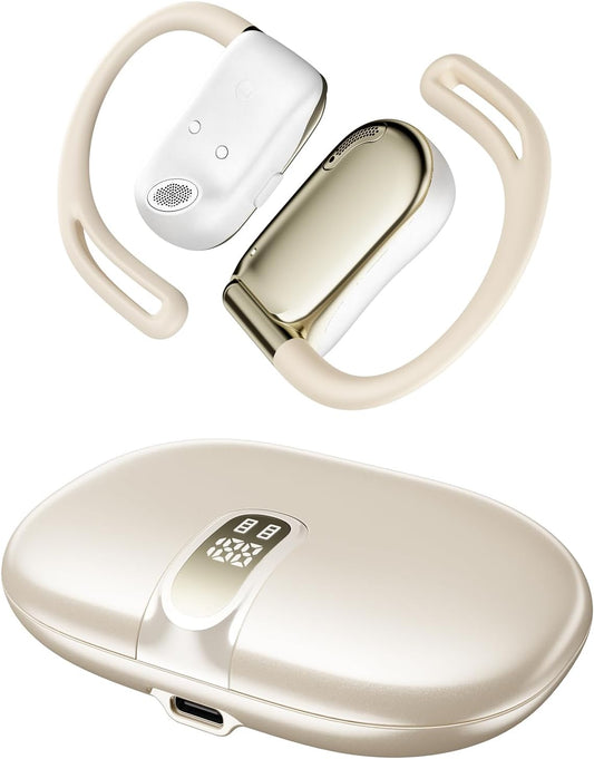 Open Ear Headphones, 0.28oz Lightweight Next-Gen Bluetooth 5.4 Air Conduction Wireless Earbuds w/Extra Bass, 48H Playtime, 3 EQ Modes, ENC Mic, IPX5, Snug Fit for Workout Running Beige