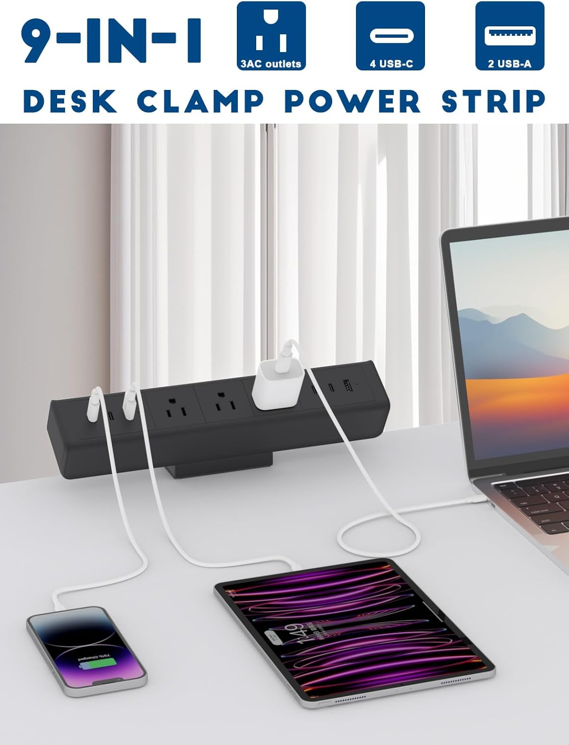 Nightstand Charging Station with 4 USB-C&2 QC 3.0 USB A Ports 3 AC Outlet, Desk Edge Mount Power Strip with USB-C Ports Tabletop Surge Protector Desk Clamp Power Strip for Home Office(Black)