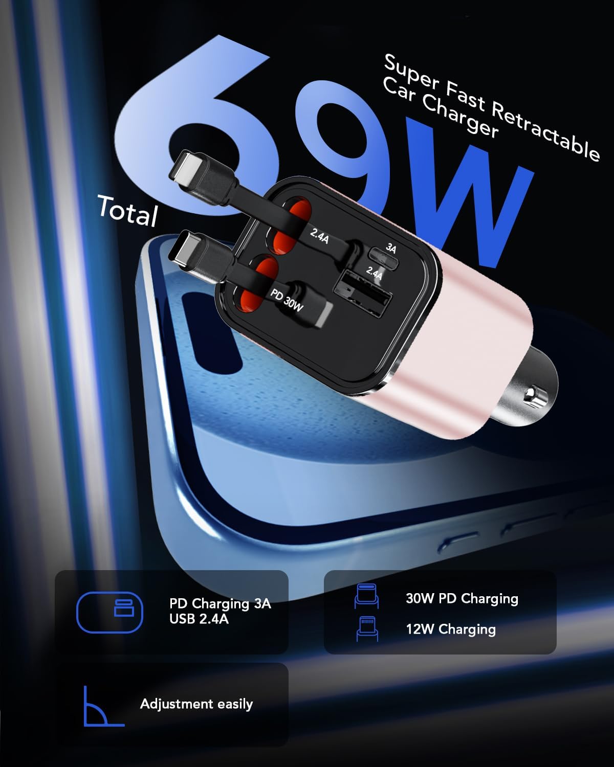 Retractable Car Charger, 4 in 1 Fast Car Phone Charger 69W, 2 Retractable Cables and 2 USB Port, Compatible with iPhone 16/15/14/13/12/11,Galaxy,Pixel