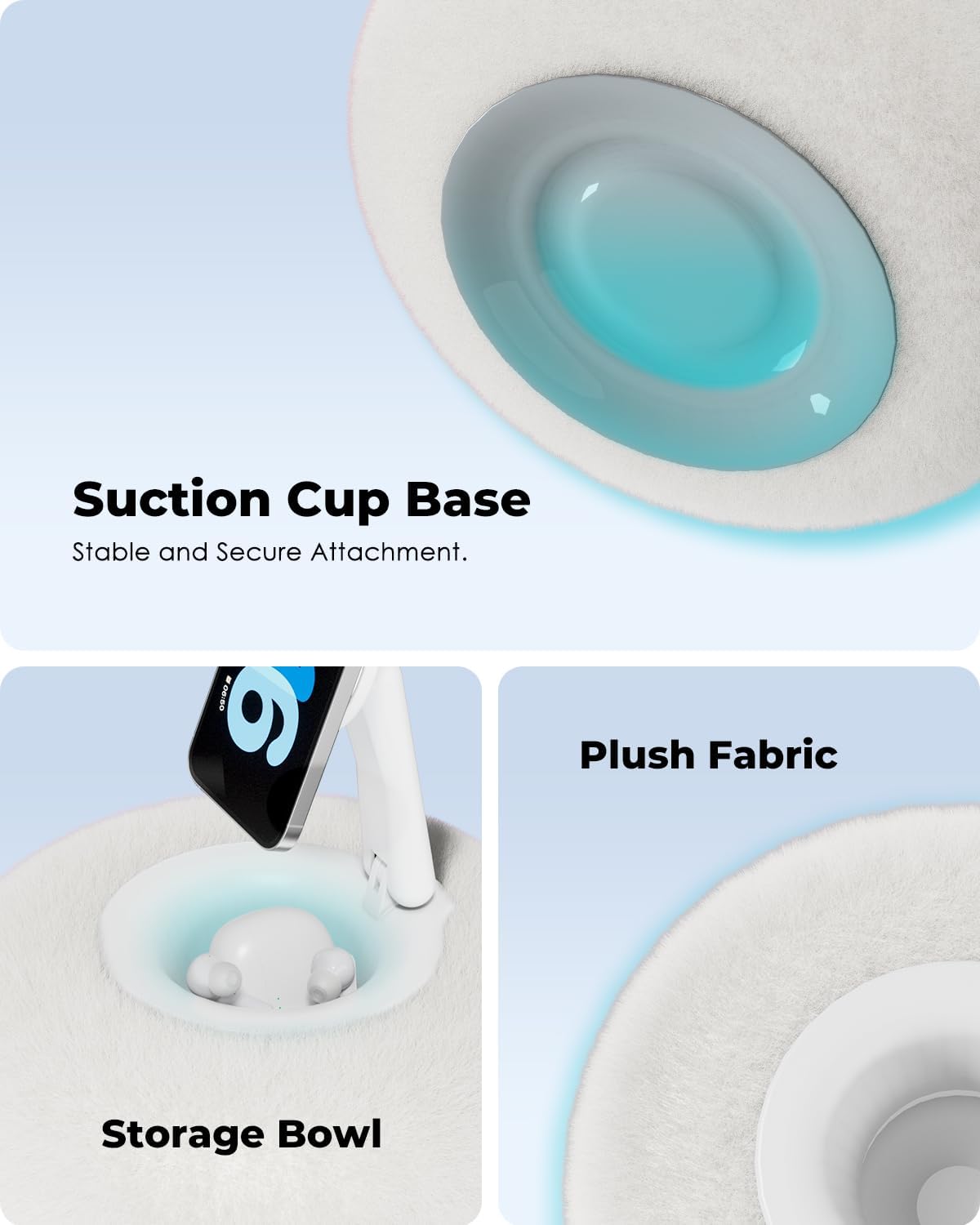 Viozon Phone Holder for Bed, Magnetic Pillow Stand, Compatible with 4-7" Phone/Kindle with Small Storage, Removable Suction Base for Stability, Idea for Kindle Reading and Video Watching On Bed,White