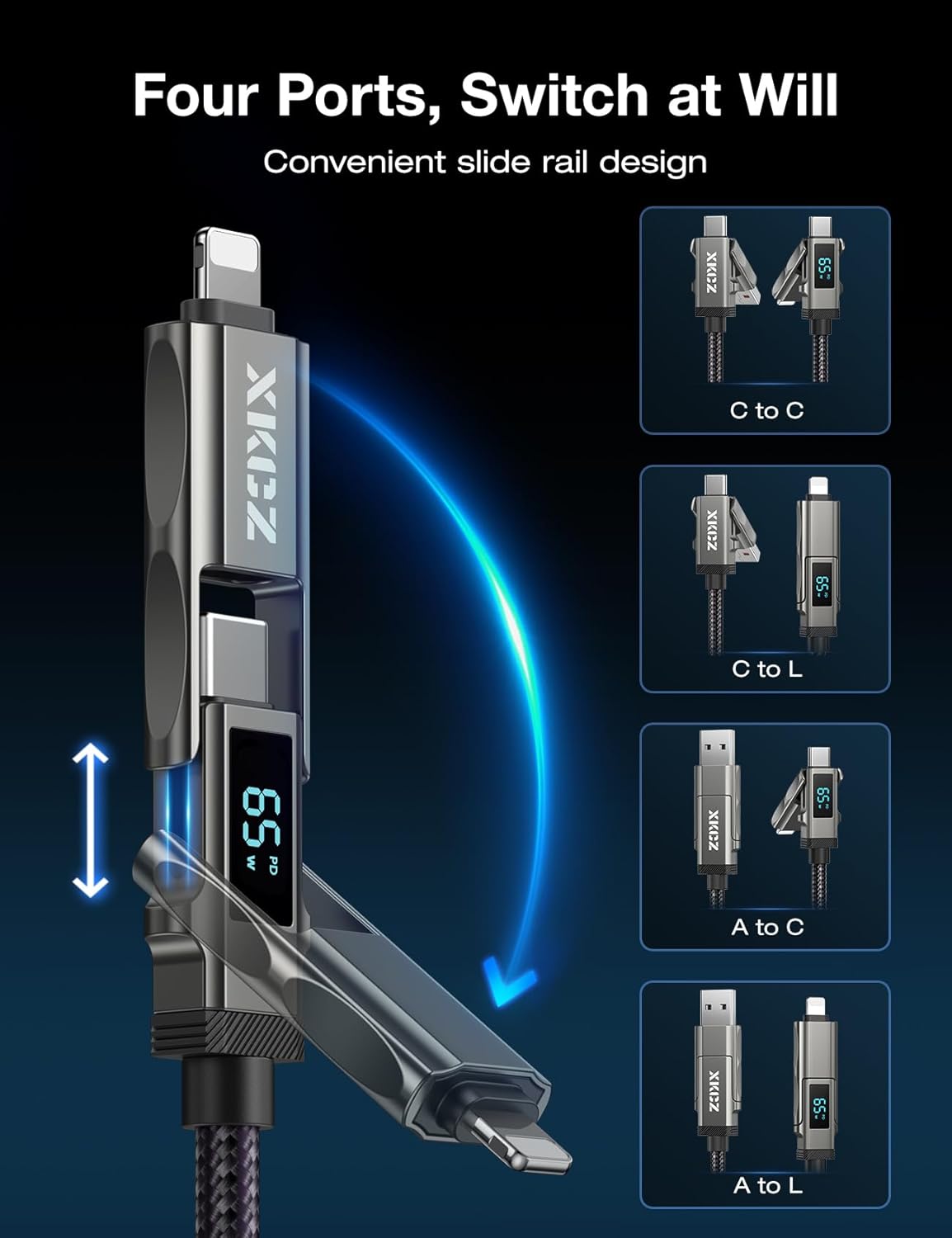4 in 1 USB C Cable with Wattage Display, 65W Round Nylon Braided Multi Charging Cable with Data Sync, USB C Charging Cord Combo Type C/USB A/iPhone Port for iPhone/iPad/Samsung/Laptop, 5FT