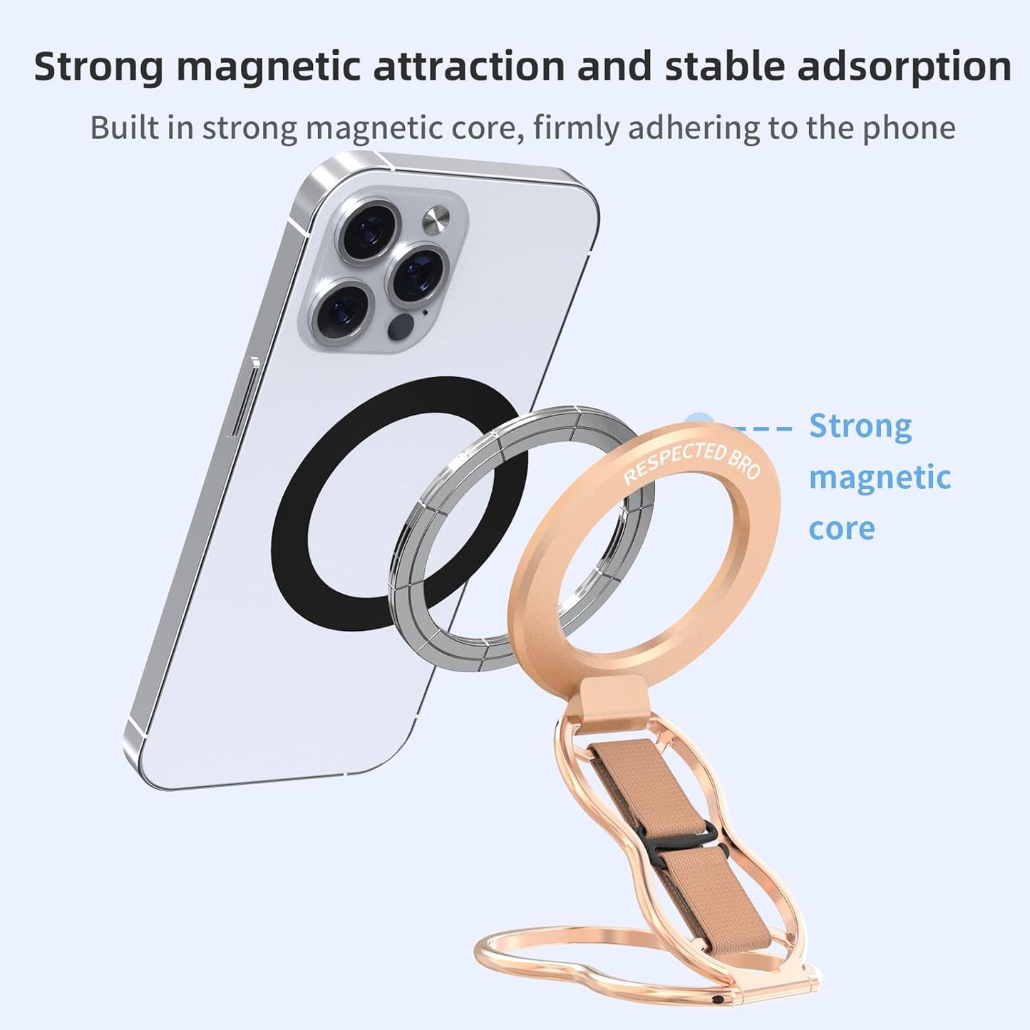 RESPECTED-BRO-Magnetic-Phone-Grip-Stand-with-Finger-Strap, 4-in-1 Magnetic Ring Holder, Kickstand and Elastic Strap for Smartphones, Universal Fit for iPhone, Android, and Cases (Rose Gold)