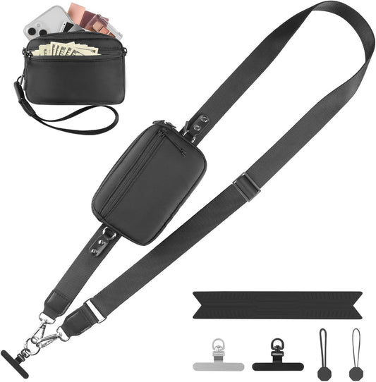 Clip and Go Strap for Phone with Wallet Crossbody, Adjustable Phone Lanyard with Detachable RFID Wristlet Wallet, Universal Phone Strap with 360° Rotatable Phone Tabs for All Phones (Black)