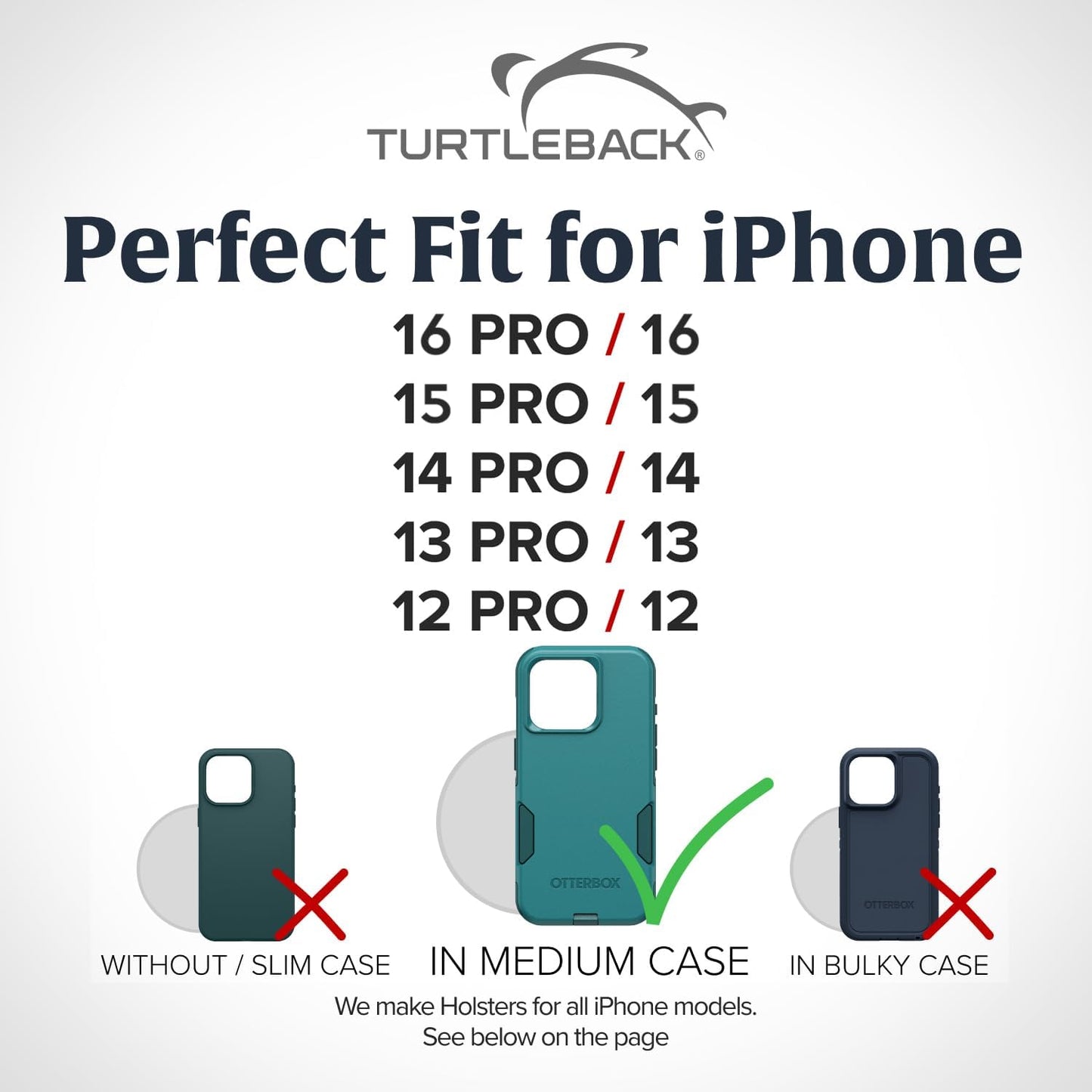 Turtleback Belt Holder for iPhone 16 Pro, 16e, 15 pro 14 Pro 13 Pro -Medium- Fits w/Shockproof Commuter Style Cases, Premium Black Leather Horizontal Case, Magnetic Closure, Leather Wrapped Clip