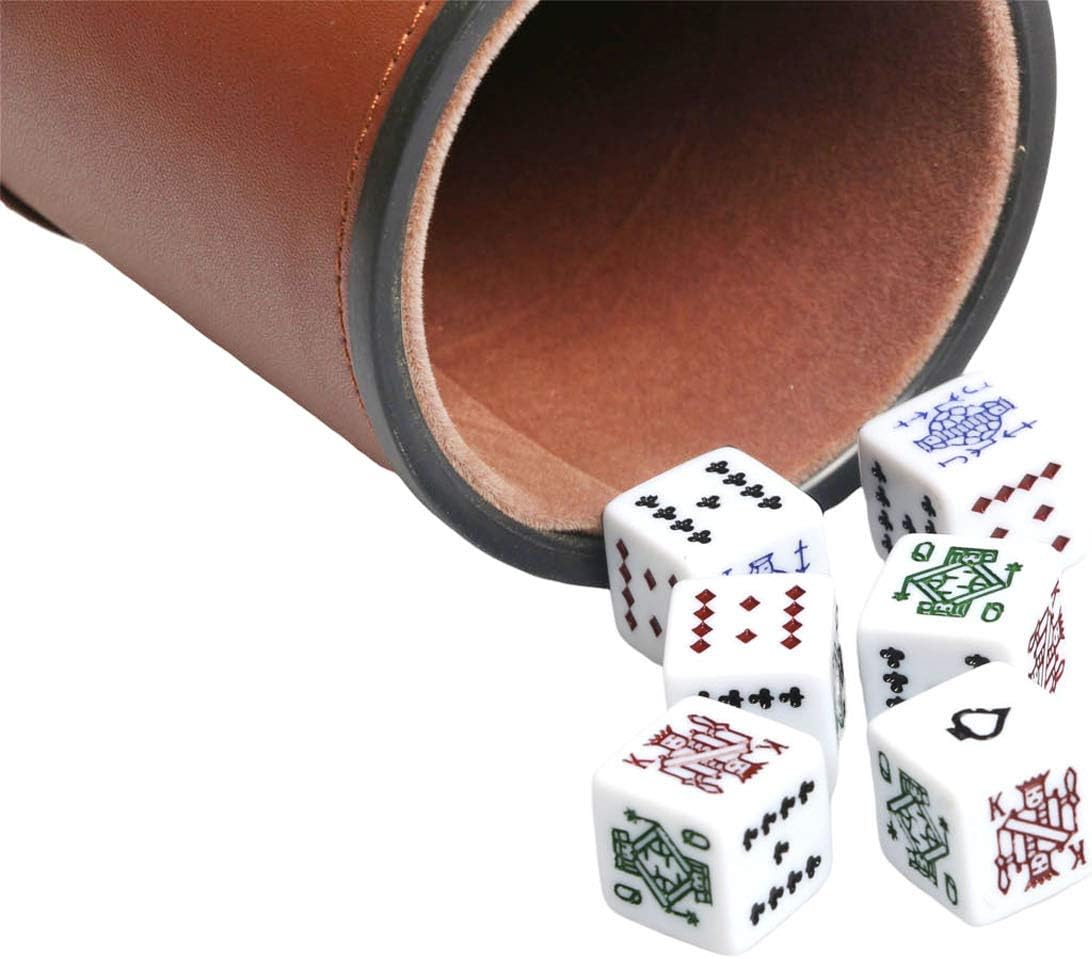 Leatherette Dice Cup with Poker Dice, Felt Lining Quiet Shaker for Playing Yahtzee/Farkle/Liars Dice,