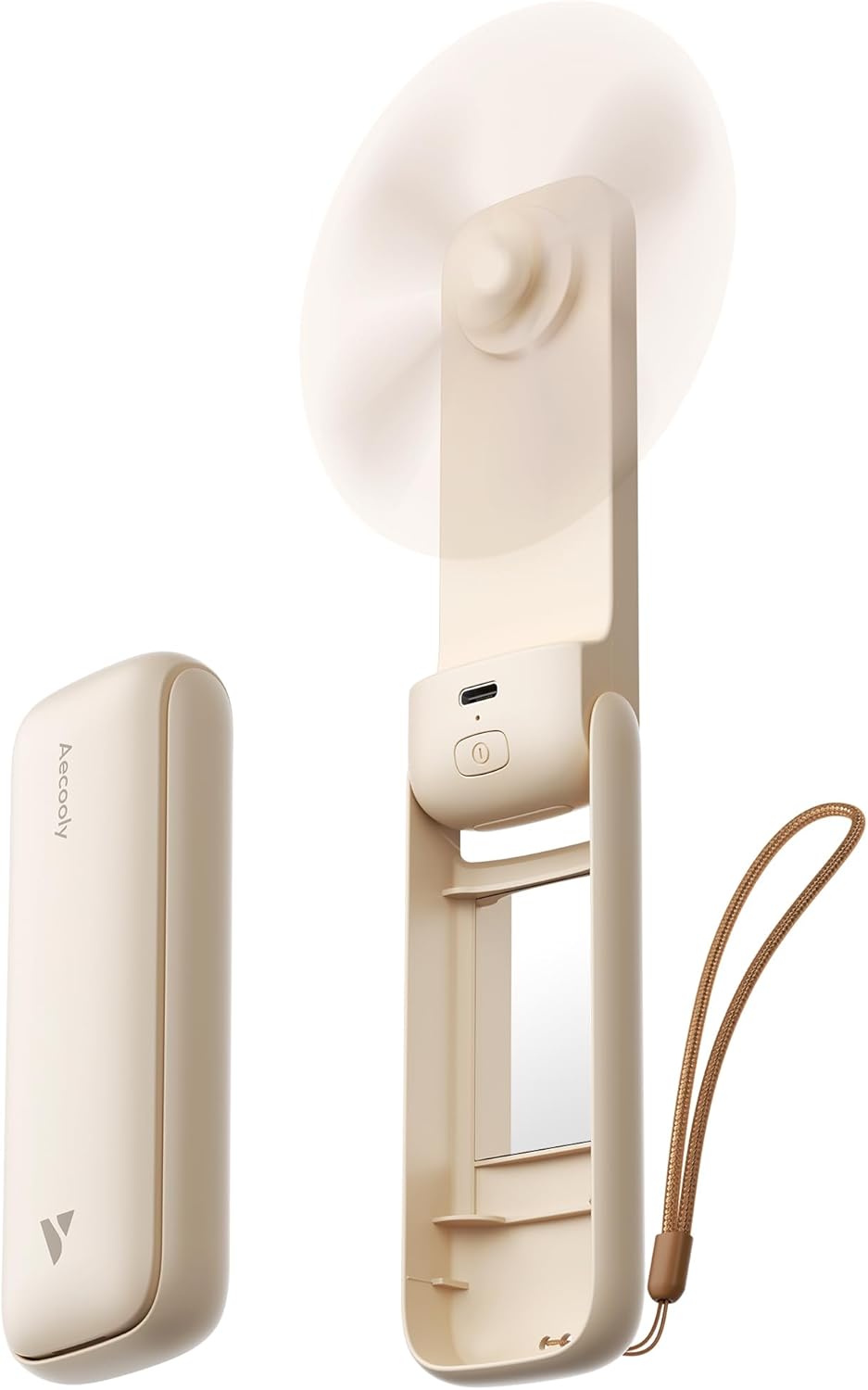 Aecooly Slim Portable Fan with Mirror, Thin Handheld Fan, USB Rechargeable Mini Personal [24H Max Cooling Time], Battery Powered Small Foldable Pocket for Travel, Lash, Makeup, Gifts for Women -Beige