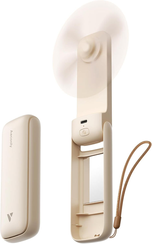 Aecooly Slim Portable Fan with Mirror, Thin Handheld Fan, USB Rechargeable Mini Personal [24H Max Cooling Time], Battery Powered Small Foldable Pocket for Travel, Lash, Makeup, Gifts for Women -Beige