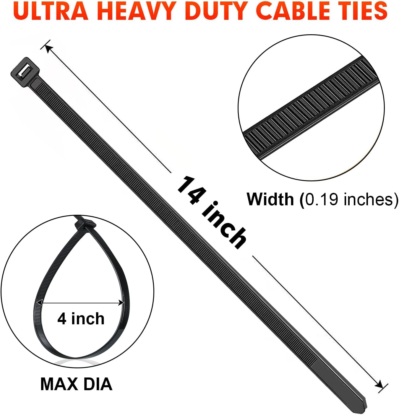 Zip Ties, RAZCC 1200pcs Black Cable Zip Ties 14 Inch, Heavy Duty Plastic Wire Ties with 50lb Tensile Strength, Self-Locking Black Nylon Tie Wraps for Indoor and Outdoor
