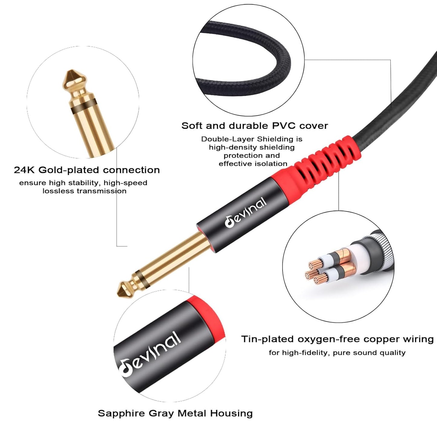 Devinal TRS to Dual TS Breakout Cable - 1/4" Female Stereo to Dual 6.35mm TS Male Adapter & 6.35mm Female to 2 x 1/4" Mono Y Splitter - 1 ft