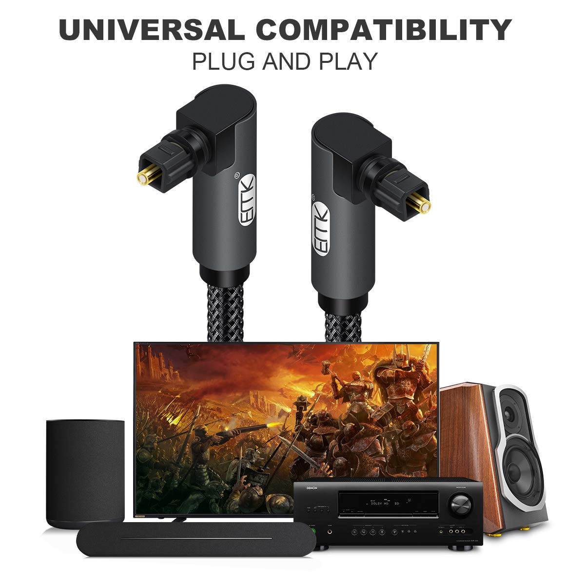 EMK 【Upgraded】 Double 90 Degree Optical Audio Cable Free-Rotating Toslink Plug Nylon Braided S/PDIF Digital Right Angle Optical Male to Male Cable for Home Theater,Sound Bar,TV(3.3ft/1m)