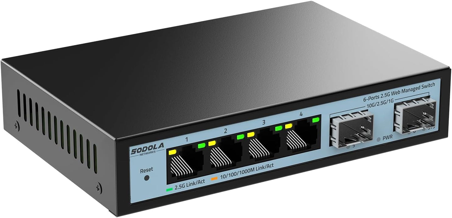 SODOLA 6 Port 2.5G Easy Web Managed Switch, 4 x 2.5G Base-T Ports, 2 x 10G SFP+, Static Aggregation,QoS/VLAN/IGMP, 2.5Gb Network Homelab Switch