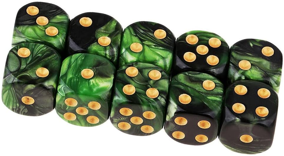 20PCS Polyhedral D6 Dice 16mm Acrylic 6 Sided Dice Game Dice for RPG MTG DND Dice Table Games (Green Black and Black Gold)
