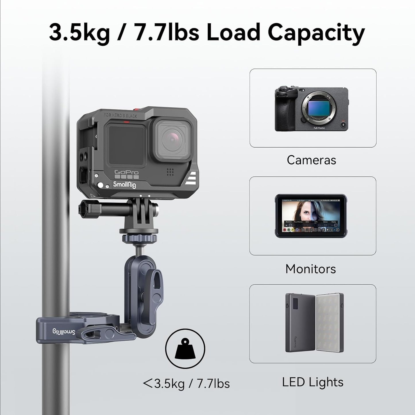 SMALLRIG Camera Mount Clamp, Ballhead Magic Arm and Adapter for Gopro, Camera Monitor Mount with 1/4"-20, 3/8"-16 Threaded Holes, Super Clamp for Gopro/DSLR/Stabilizer