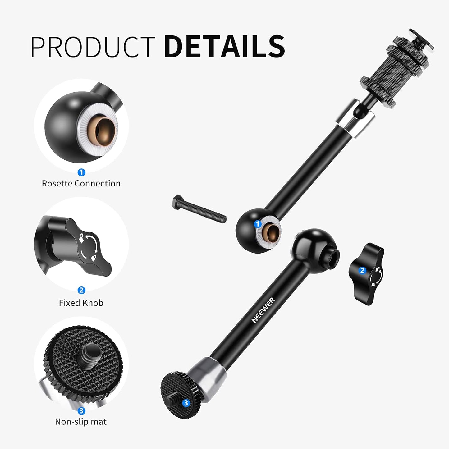 NEEWER 5.9"/15cm Adjustable Friction Magic Arm with 1/4" Screw on Both Ends, Compatible with SmallRig Cage, Flash/LED Light/Microphone/Monitor/SuperClip, Max Load 4.4lb/2kg, ST15