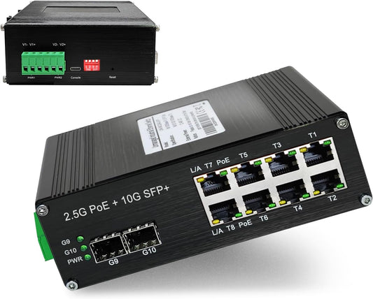 Managed 8-Port 2.5G Switch with 2-Port 10G SFP+, Industrial IEEE 802.3af/at 30W PoE Ethernet Switch, 48~57VDC Power Input, Plug & Play, Support QoS, Vlan, IGMP