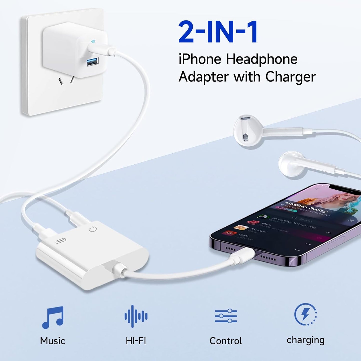 [Apple MFi Certified] 2-in-1 Charging & Audio Adapter for iPhone, Lightning to 3.5mm Headphone Jack Dongle Splitter, Supports Hi-Res Lossless Sound, Compatible with iPhone 14/13/12/11/XS/XR/8/7 10Pack