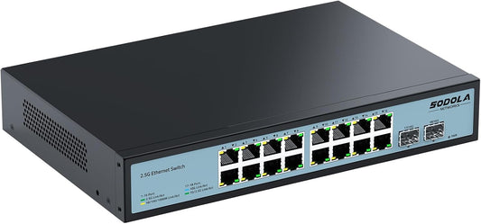 SODOLA 16 Port 2.5Gb Switch Umanaged,16X 2.5GBASE-T Ports,2X 10G SFP, 120Gbps Switching Capacity,Port Isolation,/1U Rack-Mount/Fanless/Plug & Play Multi-Gig Unmanaged Network Switch