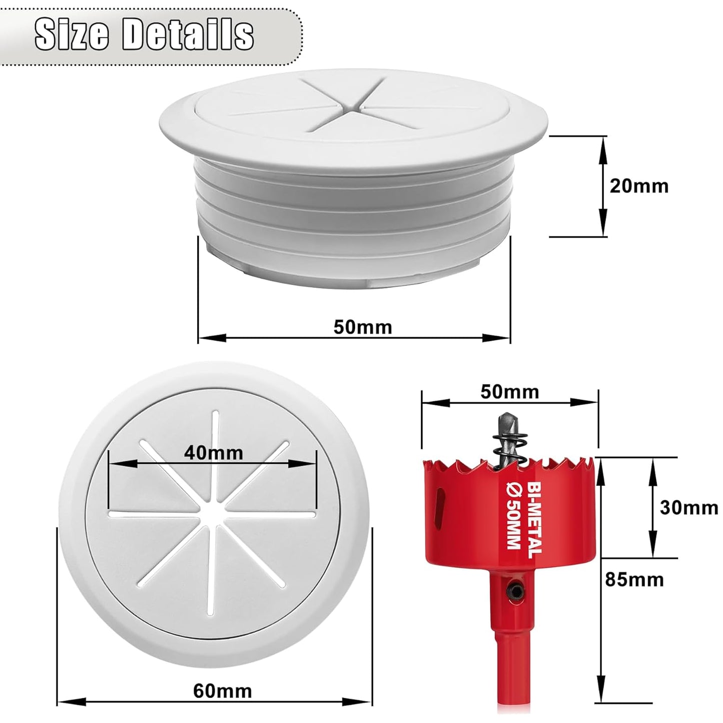 6PCS Desk Grommet, 2 Inch(50mm) Cable Hole Cover for Office and Home Table, Desktop Wiring Management and Protection (White, 6pc)