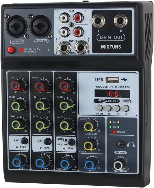 Mini audio audio mixers DJ mixer Sound Board Console System,4 Channel 48V Phantom Power with Bluetooth USB MP3 Stereo live DJ Studio Streaming for professional recording party KTV stage