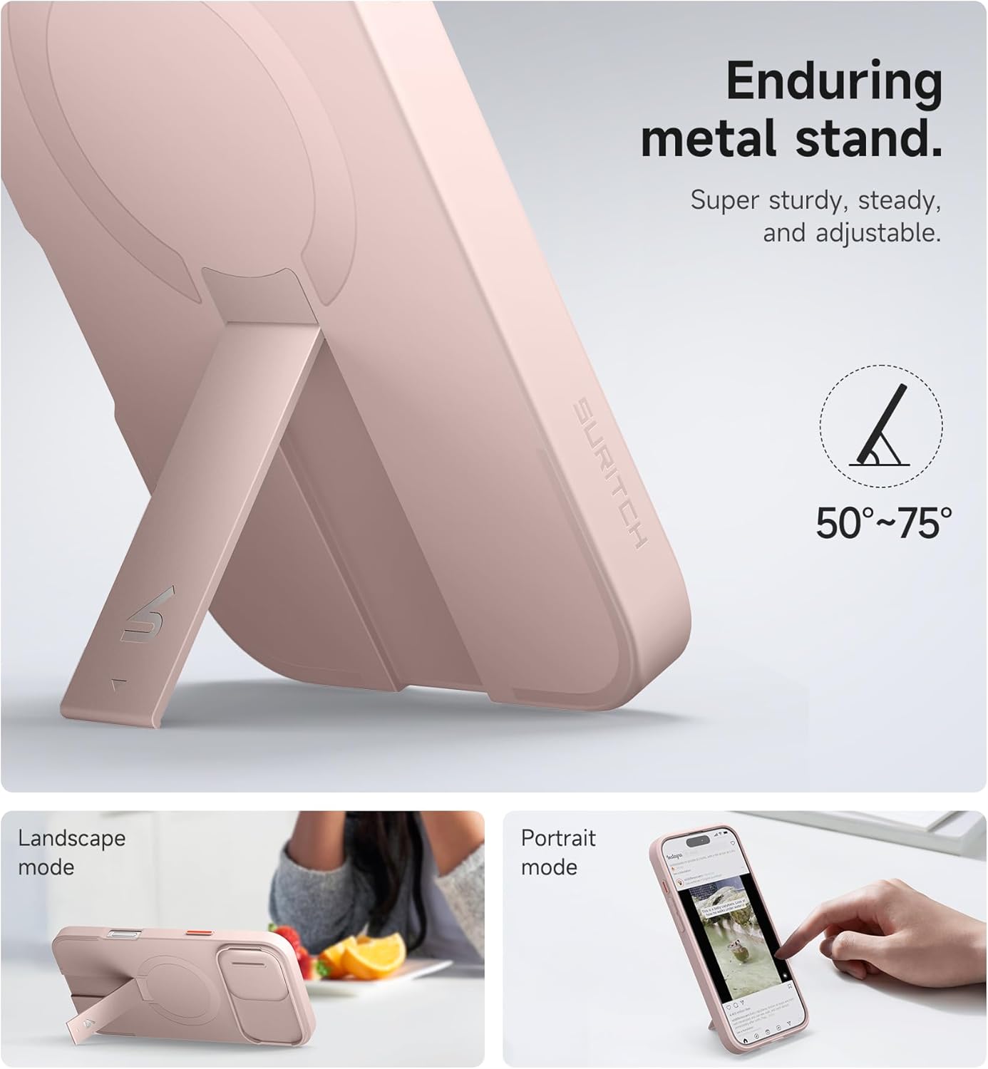 SURITCH for iPhone 16 Plus Case with Magnetic Camera Slide Cover and Adjustable Kickstand, Compatible with MagSafe, Shockproof Bumper Case Slim Protective Cover for iPhone 16 Plus 6.7 Inch, Pink