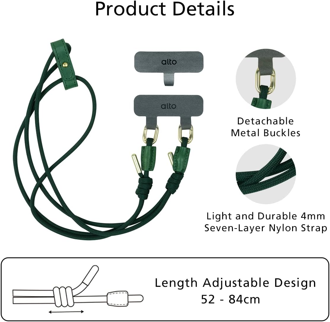 alto Crossbody Phone Lanyard: detachable patch, nylon strap with Italian leather pad, for iPhone and android full body phone cases (Forest Green)