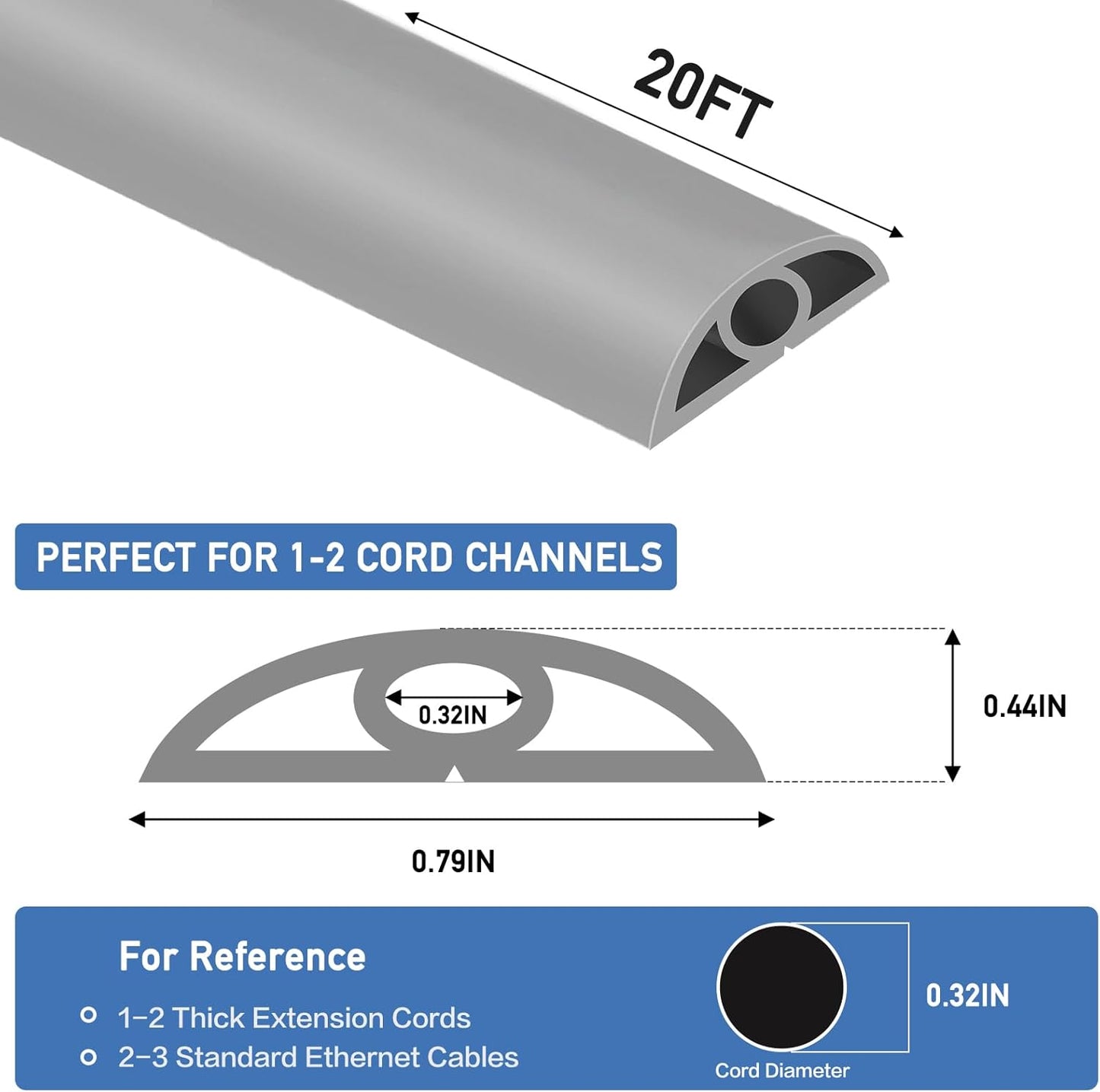 Floor Cord Cover Self Adhesive Cord Hider Floor Extension Cord Covers for Floor Power Cord Protector Cable Management Prevent Cable Trips Cable Cavity 0.32" W x 0.32" H (Grey, 20Ft)