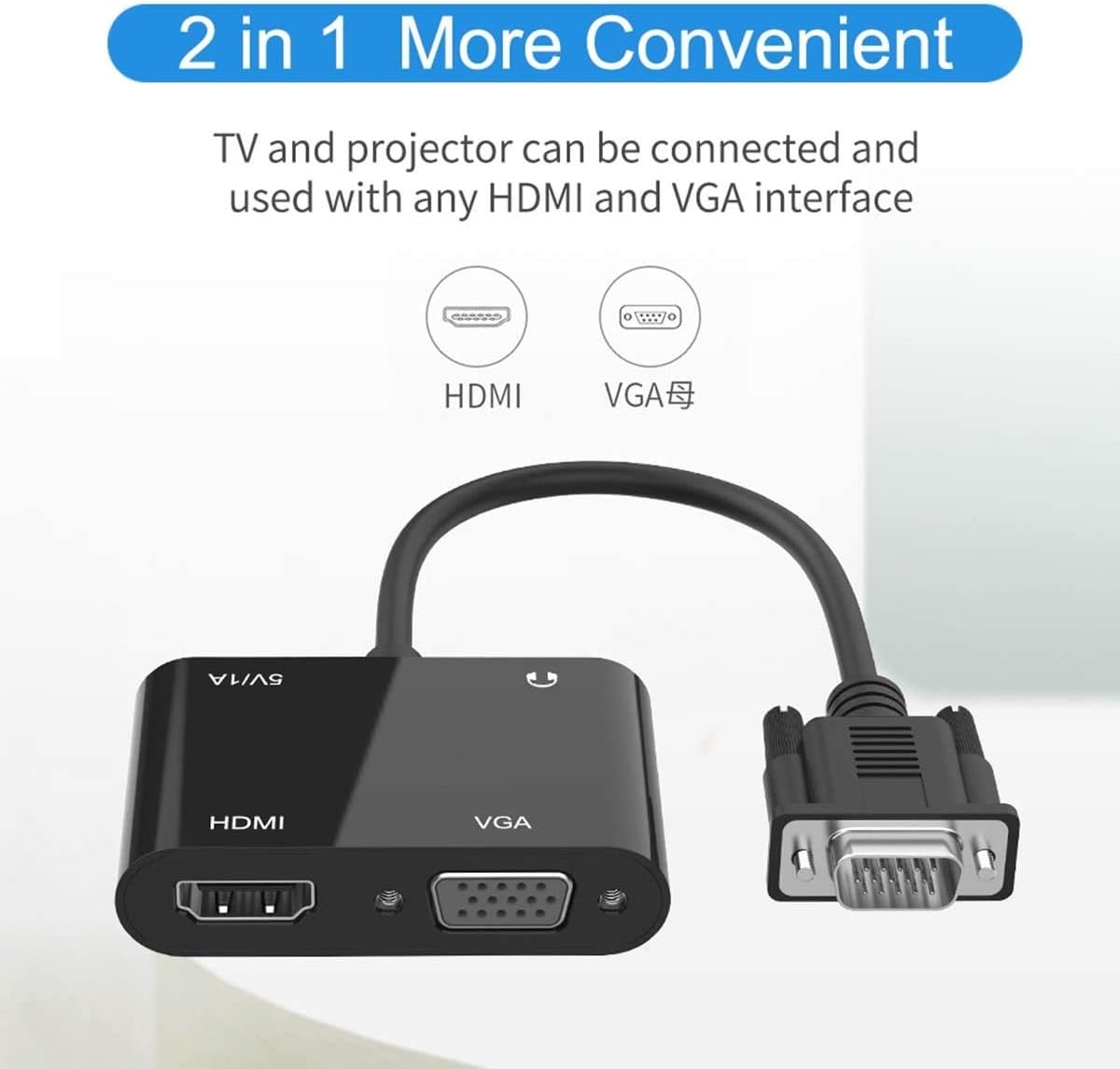 VGA to HDMI VGA Audio Video Cable Adapter Converter Splitter with 3.5mm Audio USB Power for 2 Monitors, Computer, Desktop, Laptop, PC, Projector, HDTV 1080P, Plug and Play