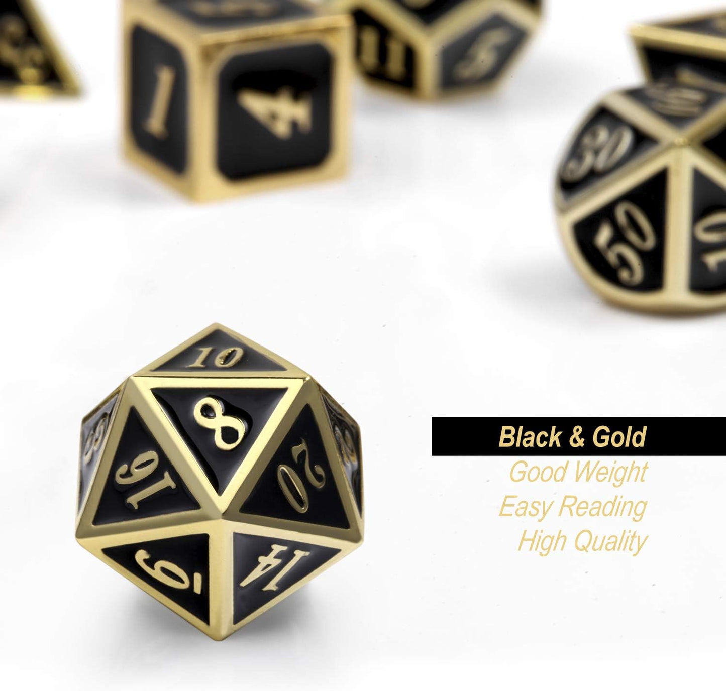DNDND Metal Dice Set D&D, 7 die Metallic Polyhedral Dice Set with Gift Metal Box and Gold Number for DND Dungeons and Dragons Role Playing Games (Black and Gold)