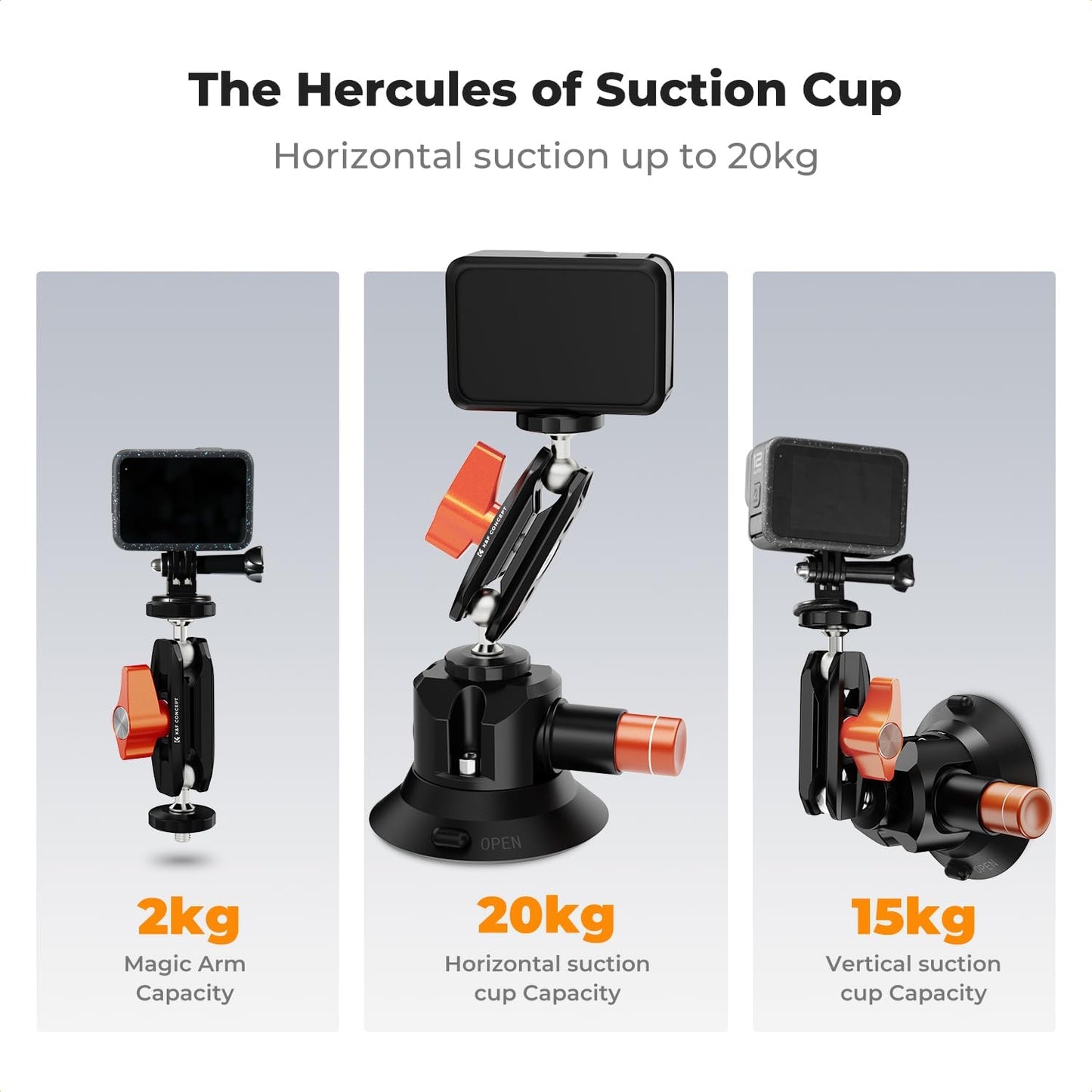 K&F Concept 3" Suction Cup Mount with 360° Double Ball Head Magic Arm, 1/4" Screw Threads, Quick Release Car Mount Compatible with DJI Insta360 for Action Camera Phone Video