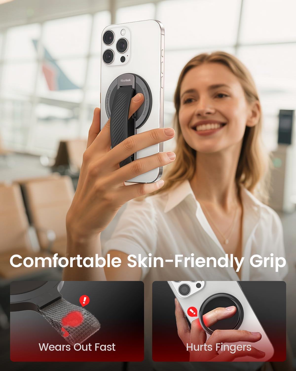 2025 Klearlook for MagSafe Phone Grip with Silicone Finger Strap, Removable Magnetic Phone Ring Holder with Adjustable Kickstand, Finger Phone Ring Grip for iPhone 16/15/14/13/12 Series, Black