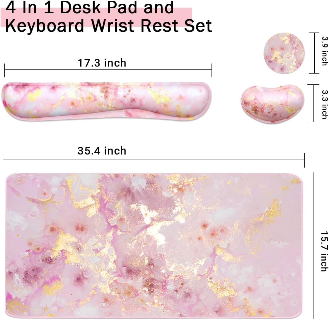 4-in-1 Large Gaming Mouse Pad, Keyboard Wrist Rest Pad & Wrist Support Mousepad Set, Extended Desk Pad Waterproof Desk Mat for Home Office Study Game-Pink Gold Marble