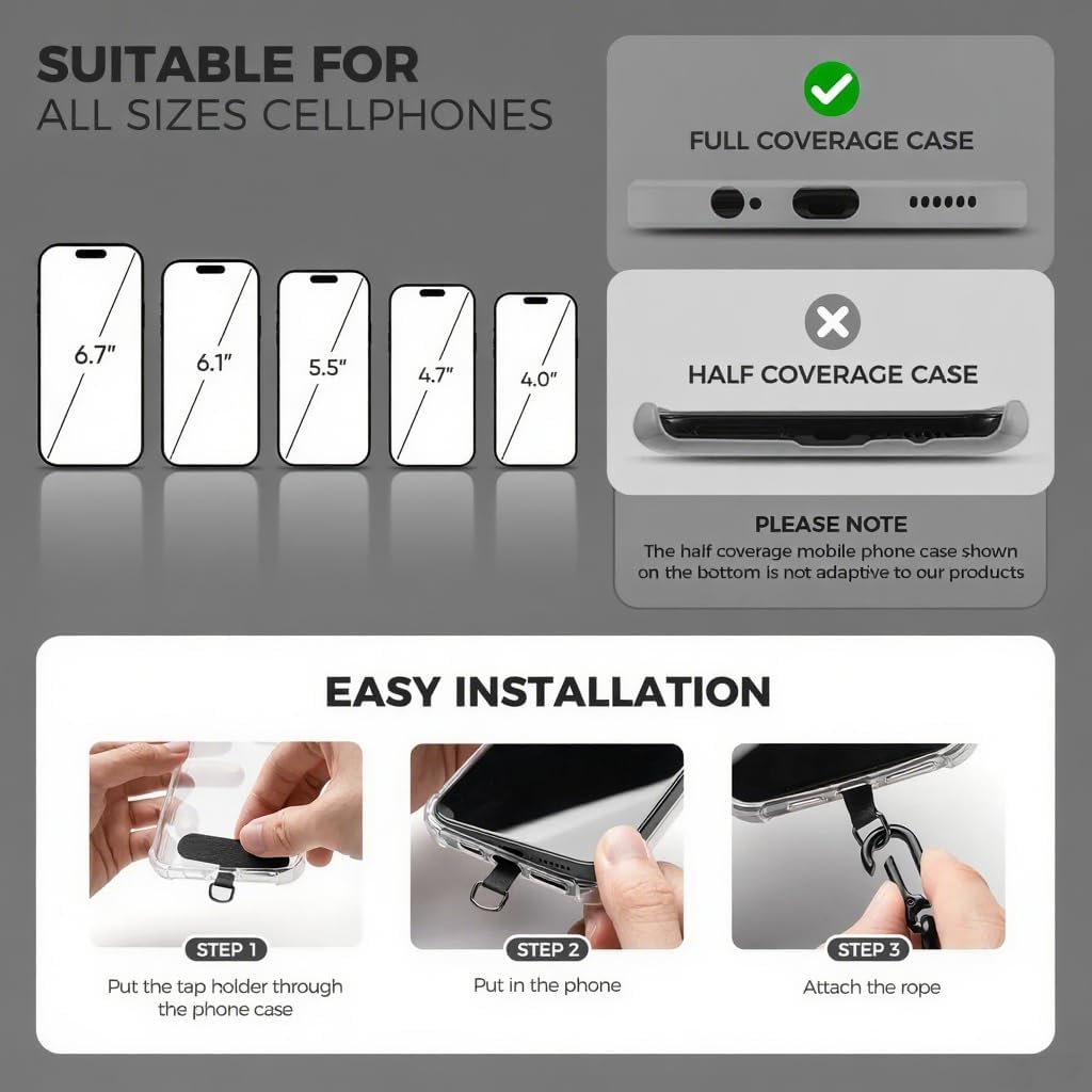 Universal Adjustable Nylon Phone Lanyard - 20MM Multi-Color Options for iPhone Samsung Smartphones (Fits Most Cases) Black