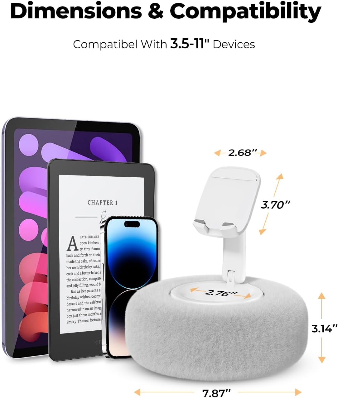 Phone Stand with Pillow, Adjustable iPhone Stand with Anti-Slip Strips, High-Viscosity Pads – Compatible with 4"-7" Devices, Including iPhone, iPad, Kindle, and Android (Grey)