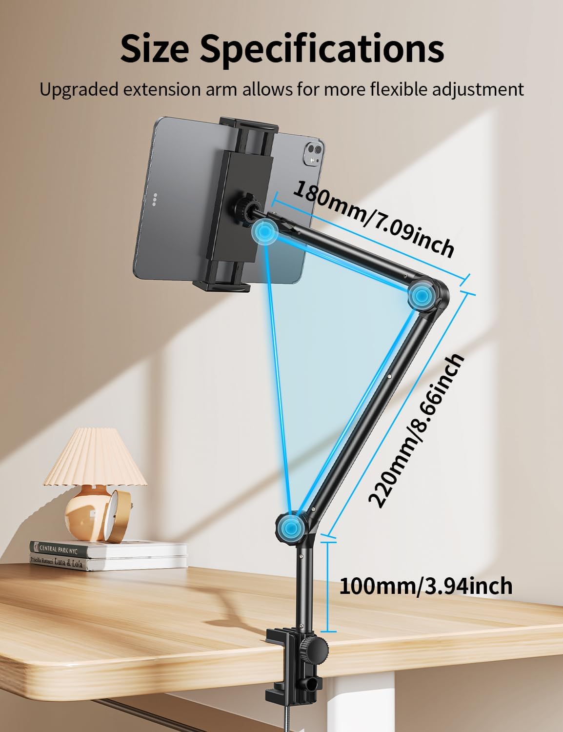 OMOTON Tablet Stand Mount for Desk, Adjustable Phone Holder for Bed with Metal Arm Fits for 4.7-11 Inches iPad Pro, Air/Mini, Kindle and Phones