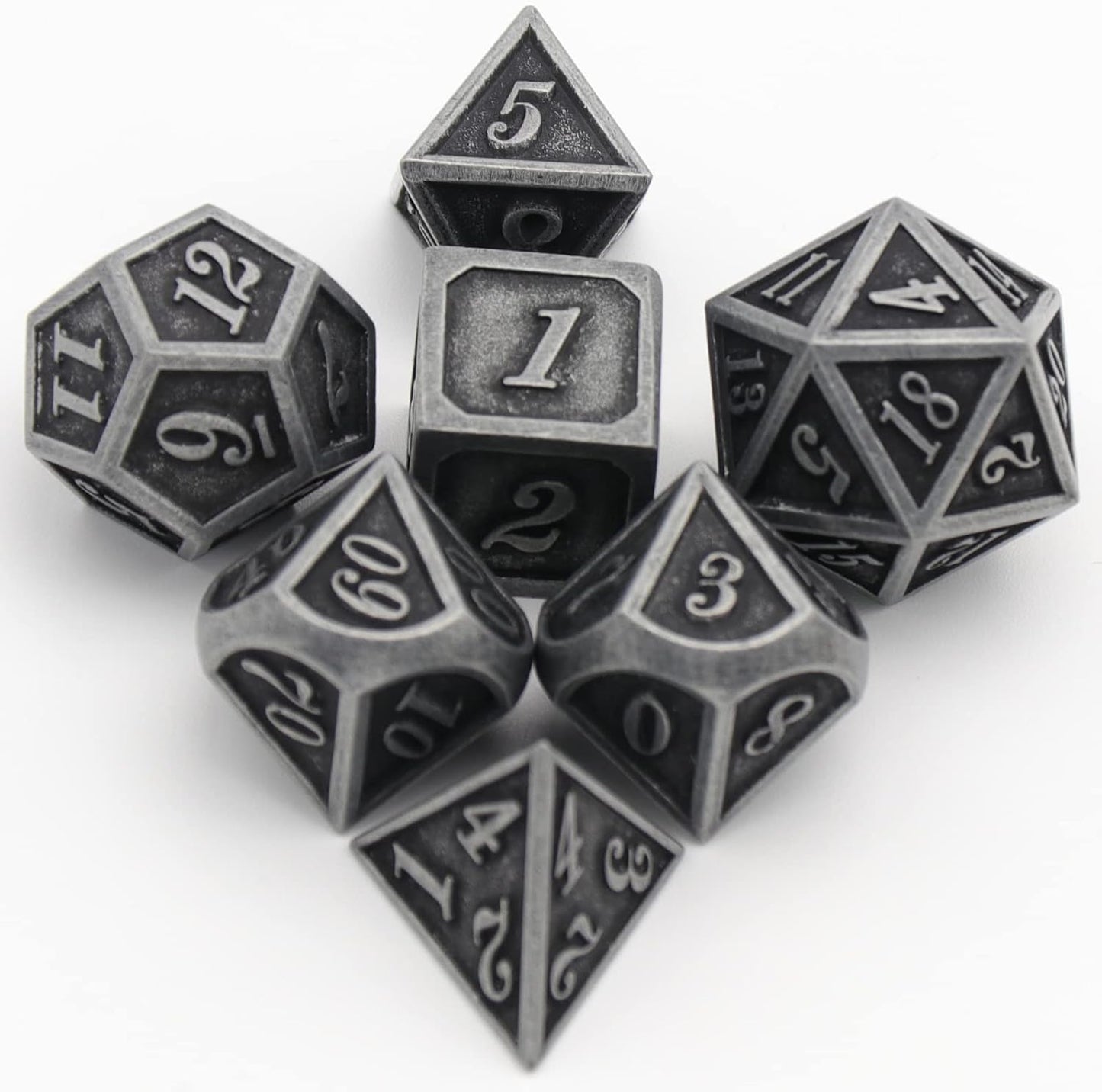 Metal Dice Set, HNCCESG Polyhedral D&D Dice for Dungeons and Dragons RPG DND Dice for Role Playing MTG Tabletop Gaming Shadowrun Pathfinder 7PCS D20 D12 D10 D8 D6 D4（Ancient Silver）