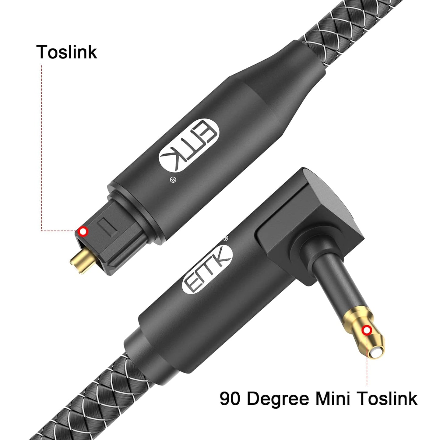 EMK Premium 90° Right-Angle Mini Toslink Cable (5Ft/1.5M) - 3.5mm Optical Digital Audio Cable for Sound Bars, TVs & Home Theater - SPDIF/Toslink Compatible, Black