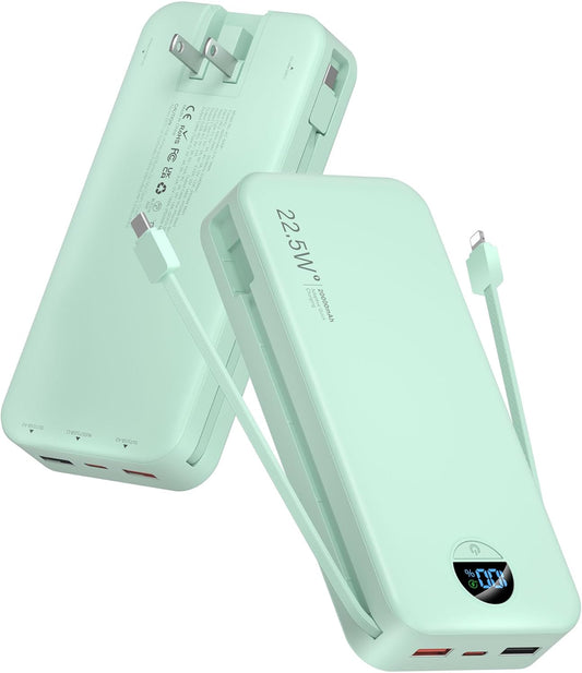 Portable Power Bank, 20000mAh 22.5W USB C Fast Charging Power Bank with Built-in Cables & Wall Plug, External Battery Pack with LED Display, Ultimate Travel Essential for iPhone, iPad, Samsung Green
