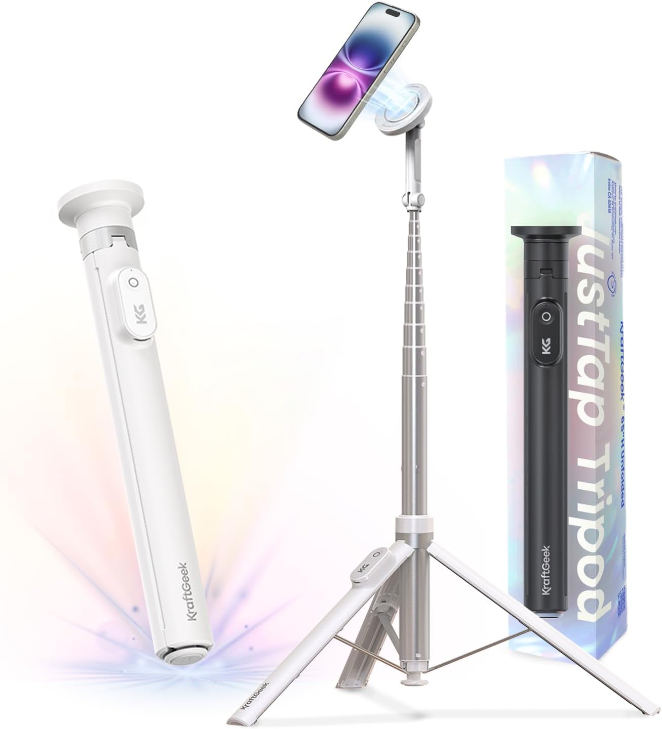 KraftGeek Magnetic Phone Tripod for iPhone MagSafe – 66'' Automatic Selfie Stick with Remote, Portable Tripod Stand for Video Recording, Travel, Vlogging (White)