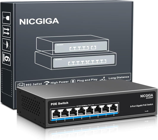 8 Port Gigabit PoE Switch Unmanaged, 8 Ports PoE+@120W, 802.3af/at, NICGIGA 8 Port 1000Mps Network Power Over Ethernet Switch, Fanless.