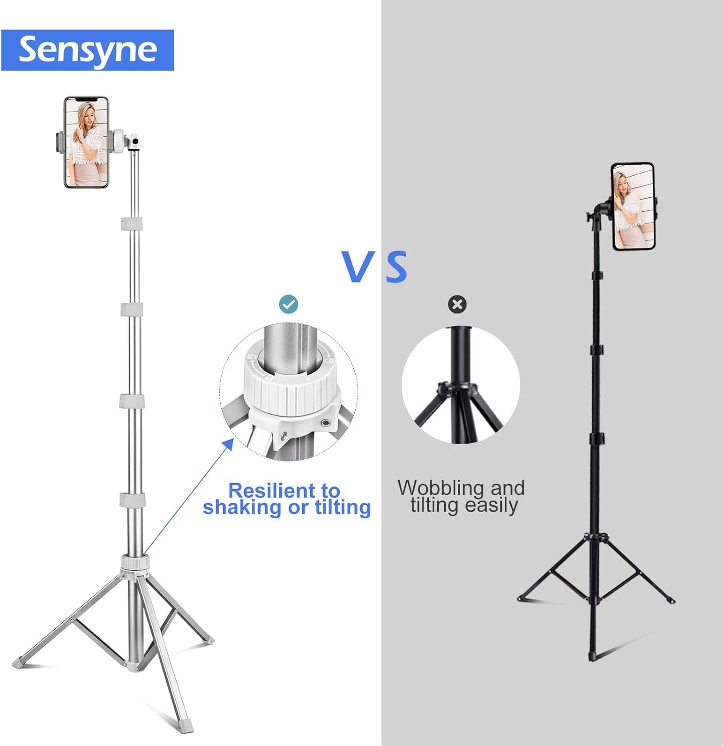 Sensyne 67" Phone Tripod & Selfie Stick, Extendable iPhone Tripod Stand with Wireless Remote and Phone Holder, Compatible with Cell Phone, Camera (Silver)