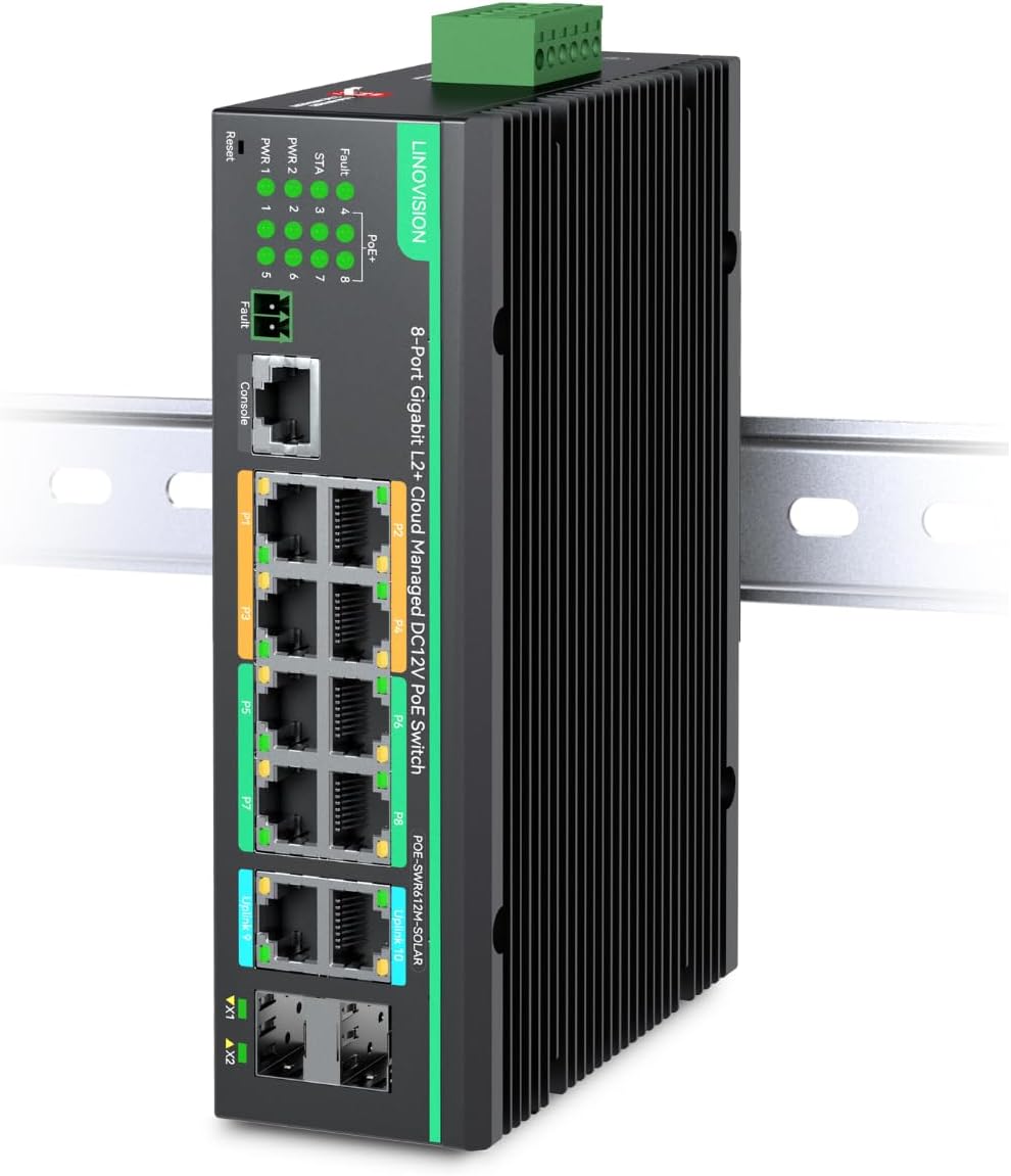 LINOVISION Industrial 12 Ports L2+ Cloud Managed PoE Switch with DC8~57V Redundant Power Input, Full Gigabit Solar PoE Switch, 12V PoE Switch with Relay Alarm, IEEE802.3af/at, Total PoE Budget 240W