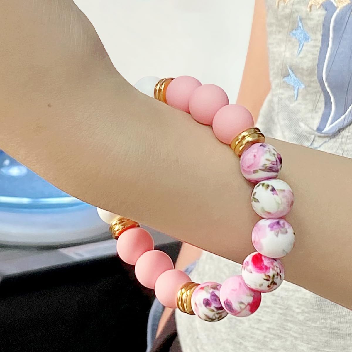 Marble Silicone Beaded Phone Wrist Strap, Cellphone Lanyard with Tether Tab, Elastic Hands-Free Wristlet Bracelet