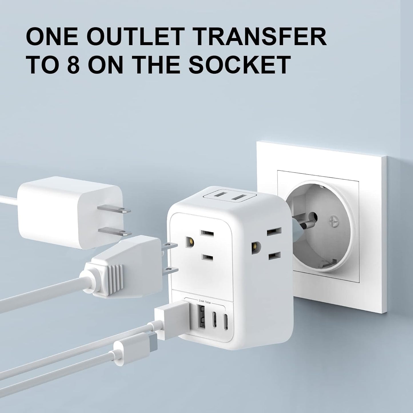 Travel Plug Adapter, International Plug Adapter with 4 AC Outlets 4 USB Ports(2 USB C), Travel Adapter Type C Travel Essentials for US to Most Europe France Germany Italy Spain [1 Pack]