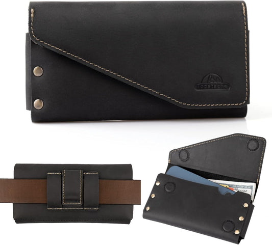 Topstache Leather Phone Holster with Belt Clip,S22 Ultra Belt Holder,iPhone 14 Pro Max Case for Belt,Leather Belt Pouch for Universal Smartphone with Protective Case,Flip Cellphone Pouch,XL,Black