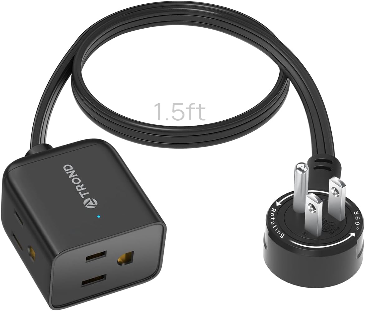 TROND 360° Rotating Flat Plug Extension Cord 1.5ft, Low Profile Small Power Strip, Three Side Grounded Outlet, 13A, Short SPT 16/3 Gauge Cable for Indoor Home Office Cruise Travel Essentials, Black