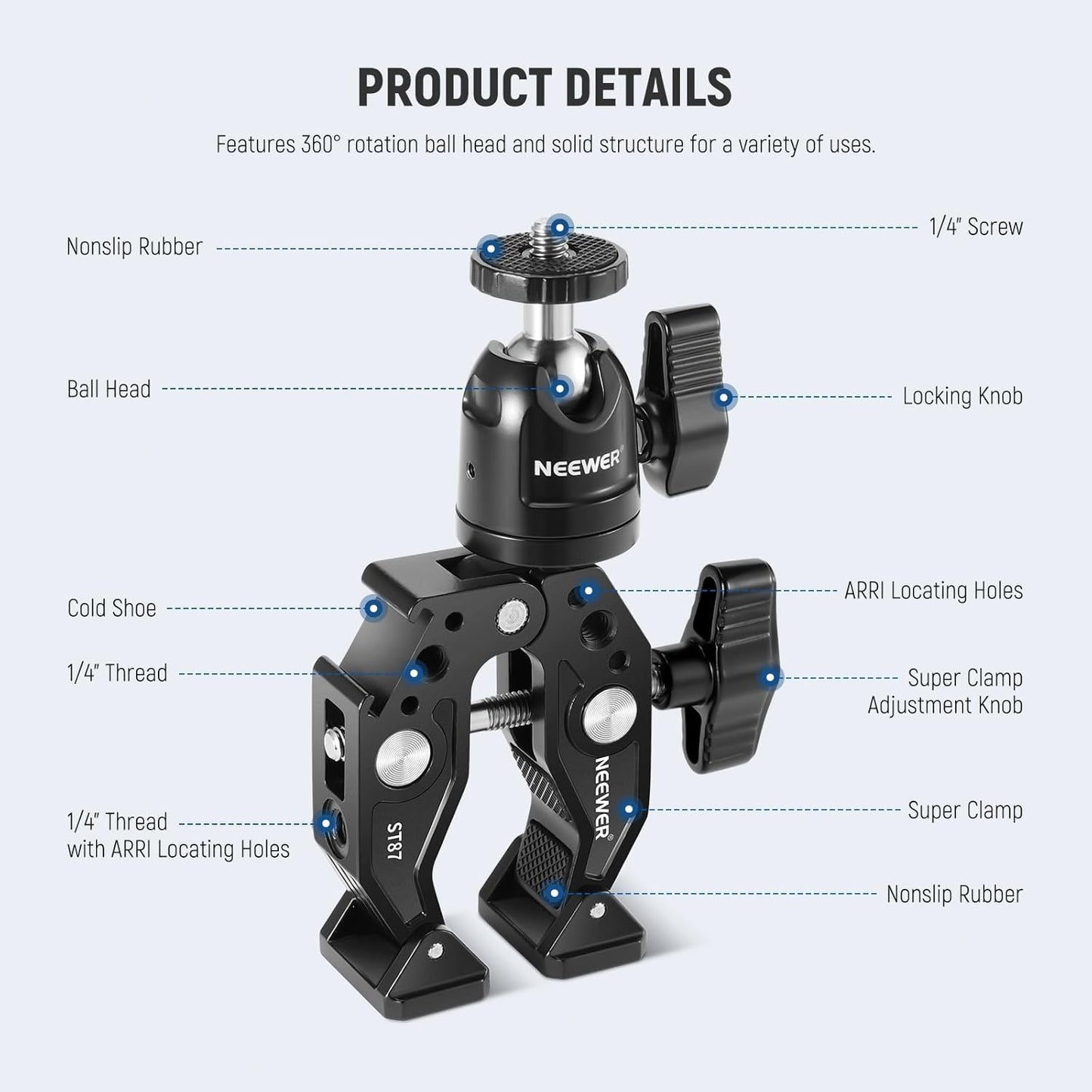 Neewer Super Clamp with Ballhead, Cold Shoe, Phone Holder and Action Camera Mount Adapter for Flat/Round Surface Compatible with GoPro DJI iPhone 15 Pro Max, ST87