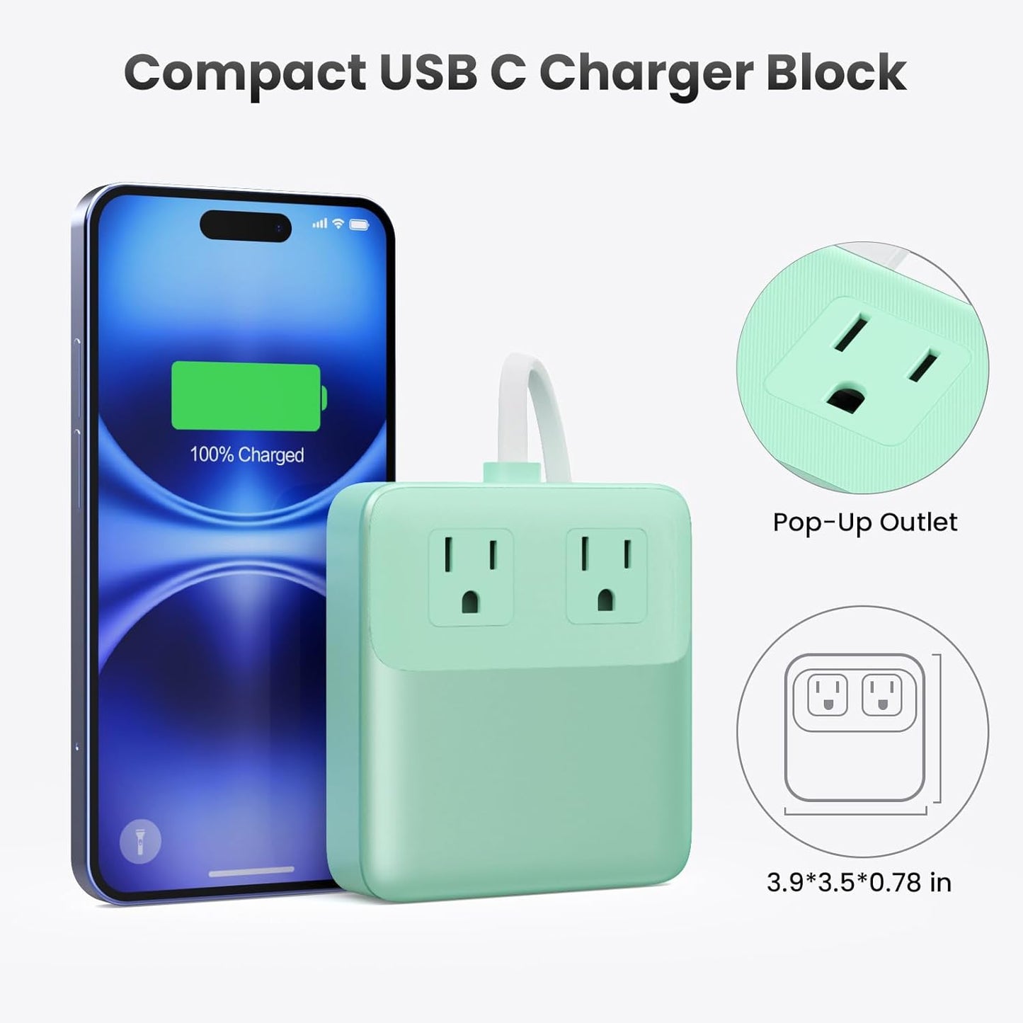 USB C Charger Block,135W GaN IV Fast Charging Station Hub,6-in-1 USB C Power Strip with Flat Plug and 5ft Cord,2 AC,2 USB A,2 USB C,PD 65W Laptop Charger for MacBook Air/Pro,iPhone16/15,Samsung-Green